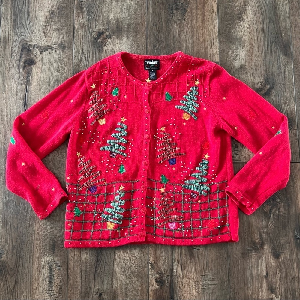 Vintage Studio Chrosmas Cardigan Sweater Womens Red Beaded Size Medium - Picture 1 of 10